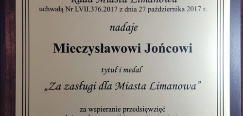 Mieczysław Joniec uhonorowany za zasługi dla Miasta Limanowa